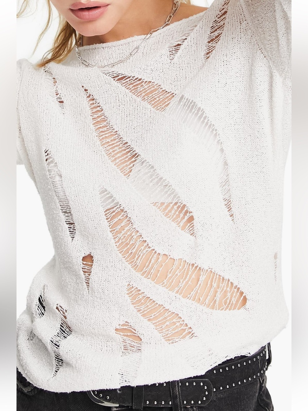 ASOS Design Distressed Off Shoulder Sweater Ivory Grunge Festival Size 8 - Picture 4 of 15